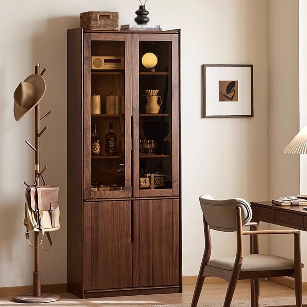 Gabinete de Bar de Vinos Industrial Vitrina de 200cm Altura Madera Maciza, Mueble Almacén Nogal-Cristal para Estudio, Dormitorio y Salón