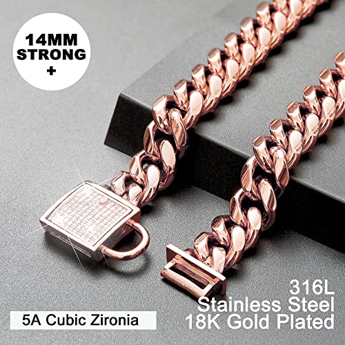 Rose Gold Chain Dog Collar With Diamond Buckle Bell & Bone Tag Stainless Steel Chain Collars Cuban Link Dog Collar Designer Bling Puppy Dog Necklace (10Mm, 10") #TOP6