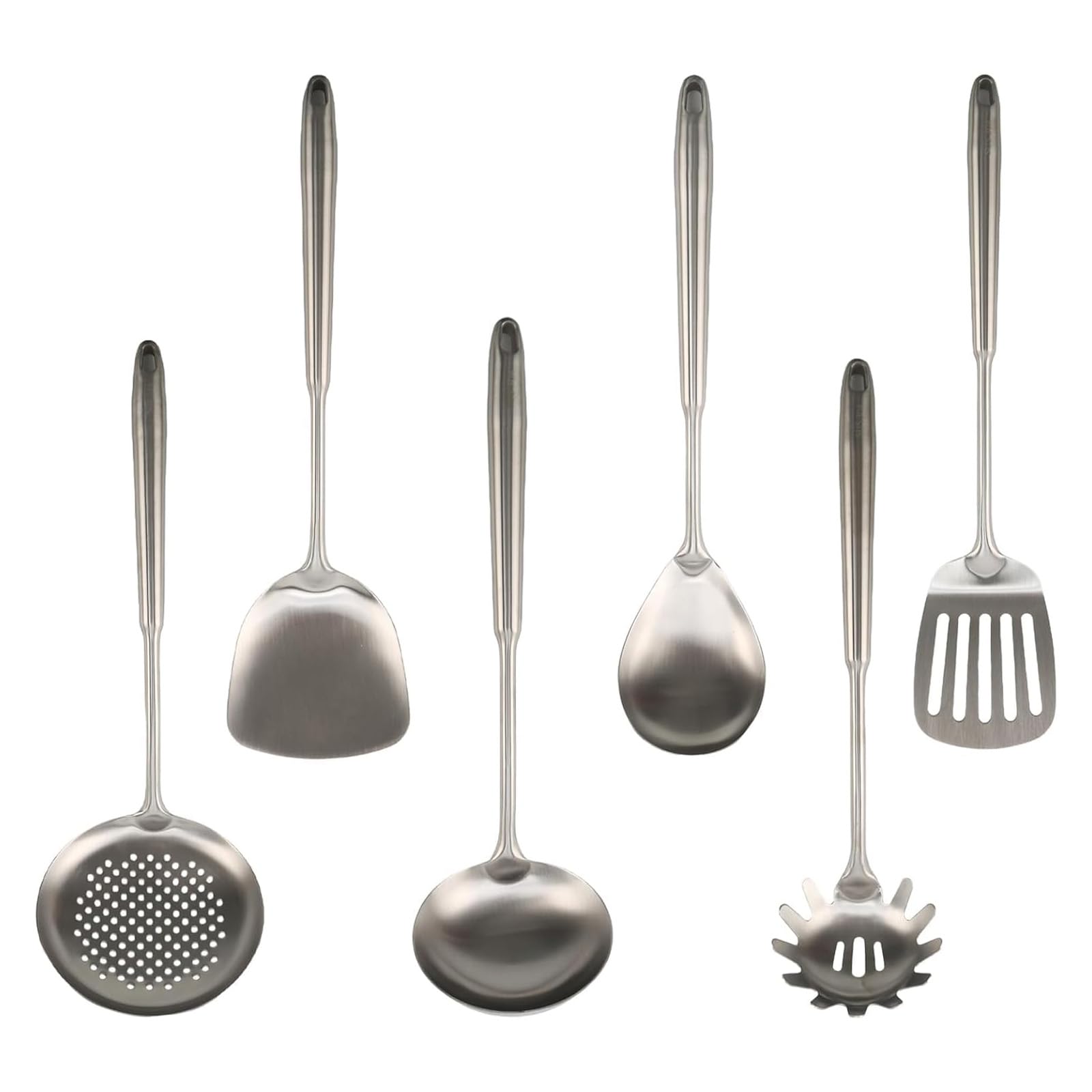 304 Stainless Steel 6 Piece Kitchen Utensils Set, Ergonomic | Anti-Scratch Cookware for Stoves, Long Handle, Heat Resistant, Dishwasher Safe, Ideal for Wok & Cooking