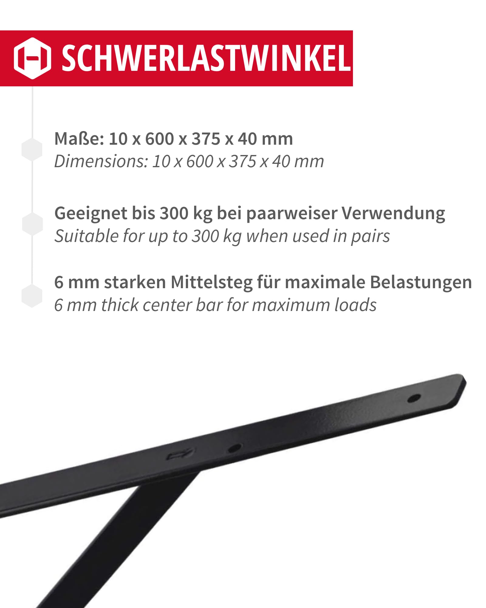 Schwerlast-Konsole|10 Stück-Wand-Winkel|Athena|Tiefe 600 mm|Schwerlast-Träger Schwarz|Tragkraft 300 kg|Regal-Halter Stahl massiv|Regalträger für die Wandmontage, 10x 600 x 375 x 40 mm