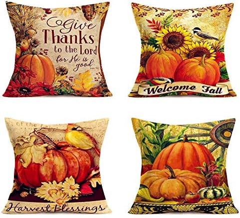 Autumn Harvest Decor Throw Pillow Covers Thanksgiving Fall Blessing Words Cardinal Robin Farm Pumpkin Sunflowers Maple Leaves Pillowcase Cotton Linen Birds Cushion Cover 18"x18" 4Pack (AH-Blessing)
