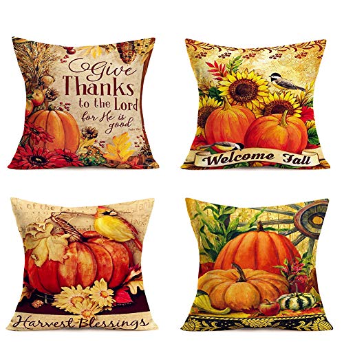 Autumn Harvest Decor Throw Pillow Covers Thanksgiving Fall Blessing Words Cardinal Robin Farm Pumpkin Sunflowers Maple Leaves Pillowcase Cotton Linen Birds Cushion Cover 18"X18" 4Pack (Ah-Blessing) #TOP20