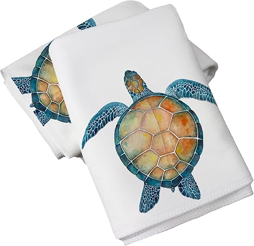 TOPCARPENTER Juego de 2 toallas de mano de tortuga marina, 100% algodón, suave color verde azulado, toallas decorativas para la punta de los dedos
