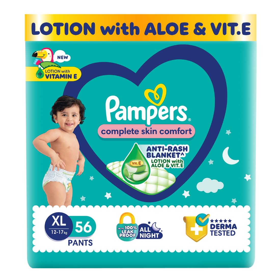 Complete Skin Comfort Pants, Anti-rash blanket, Lotion with Vitamin E & Aloe Vera, Extra Large size baby diapers (XL) 56 Count, 12-17kg