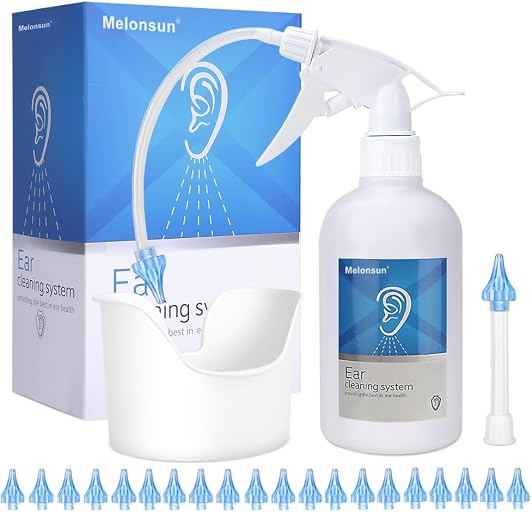 Earwax Removal Bottle- Manual Ear Wash System, FSA-HSA-Eligible, 500ml Spray Bottle, Big Basin & 20 Reusable Soft Tips, Safe & Efficient Ear Cleaner w/Rigid Pipe & Flexible Tube for Personal or Family