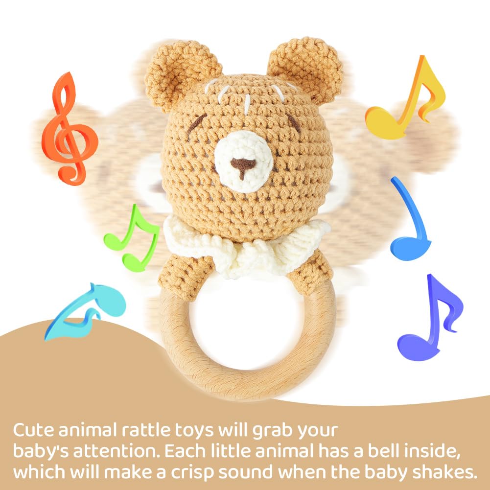 Vicloon Wooden Baby Rattle, Crochet Animals Soft Rattle Sensory Toys - Image 4