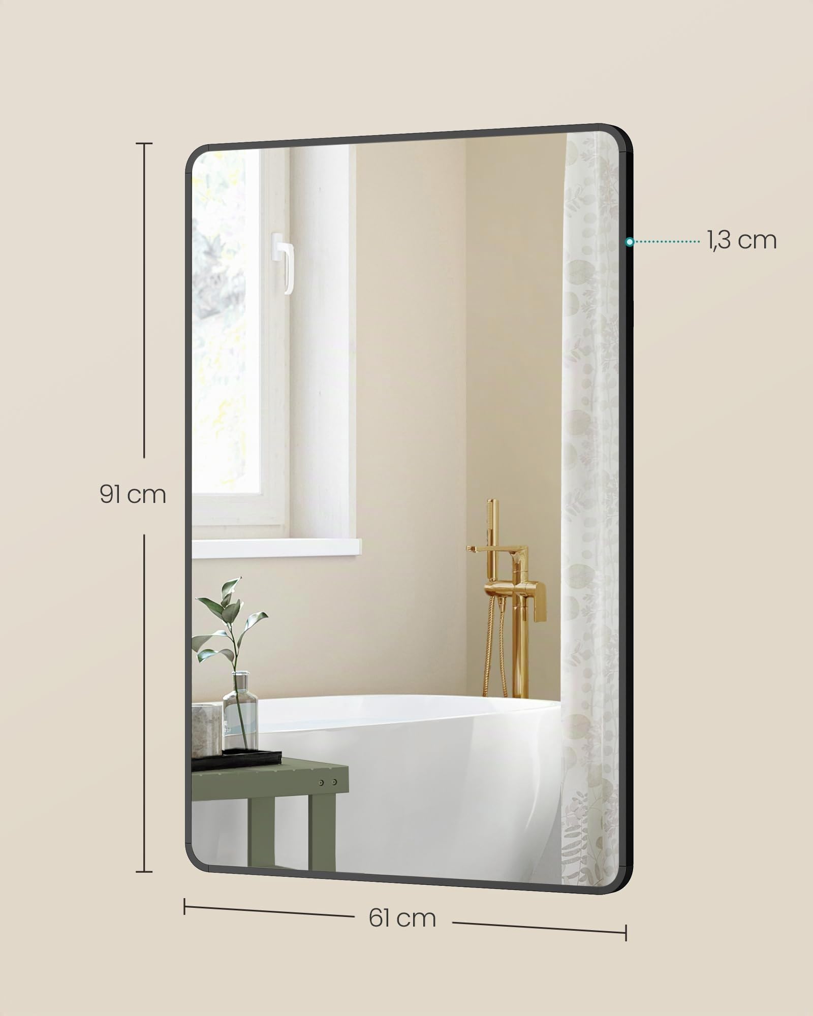 SONGMICS Espejo de Baño, Espejo de Pared, Rectangular, Marco de Aluminio, 91 x 61 cm, Lámina de Seguridad, 2 Opciones de Montaje, para Salón, Dormitorio, Negro Tinta LWM010BD01