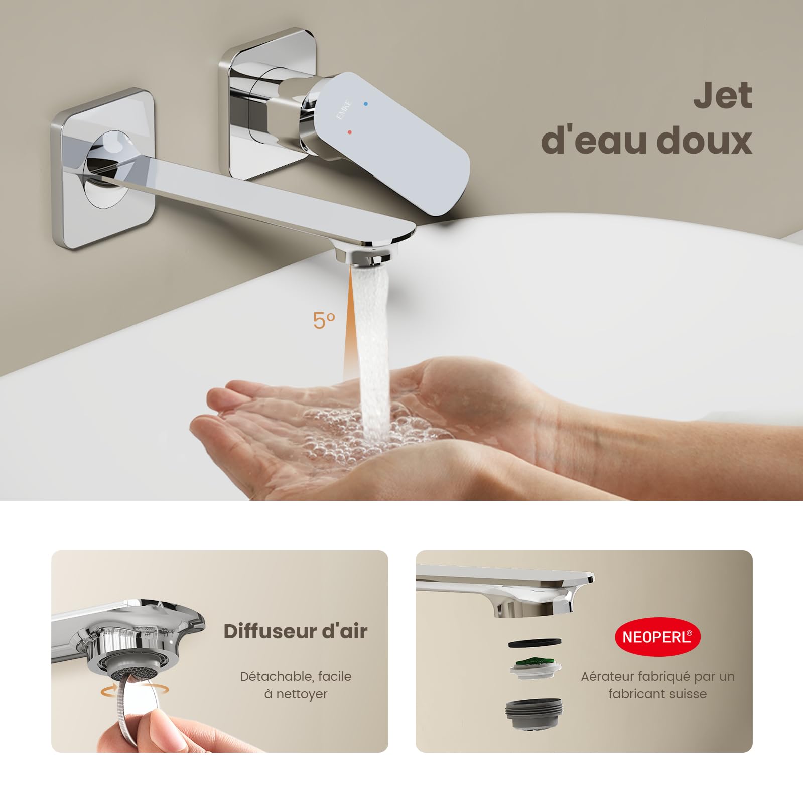 EMKE - Grifo de baño cromado modular, mezclador para lavabo, cuerpo de latón resistente, aireador Neoperl, ahorro de agua, instalación fácil, 233x127x110 mm