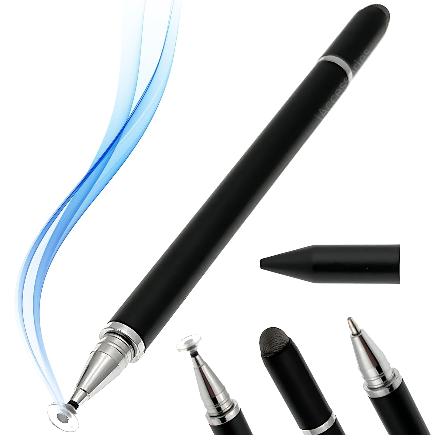 3 in 1 Stylus with Ballpoint Pen, Silicon Disc Tip, Fiber Tip Compatible with All Touch Screen Devices iOS Android Mobile Phones, Tablets – Black