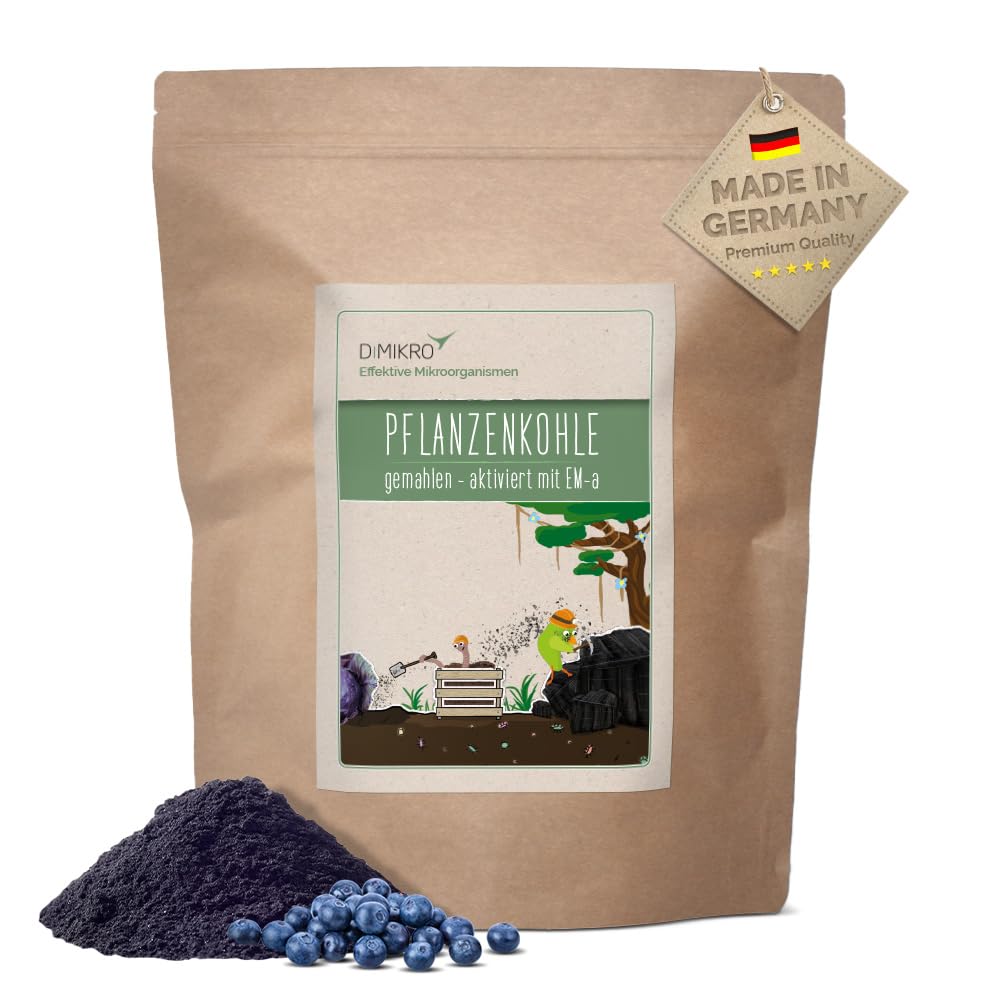 DIMIKRO Pflanzenkohle fein gemahlen - Bodenaktivator für Pflanzen - 5 Liter | Mit Effektiven Mikroorganismen für Terra Preta Schwarzerde - dient als Kompoststarter und Bodenverbesserer