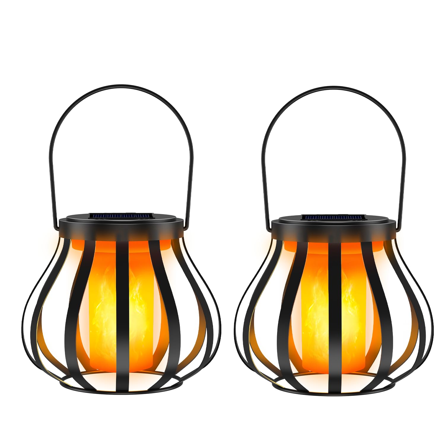 2 lanterne solari con effetto fiamma reale per esterni, IP65, impermeabili, per giardino, balcone, terrazza e cortile con sensore crepuscolare automatico, decorazione da giardino, Senza gancio e base