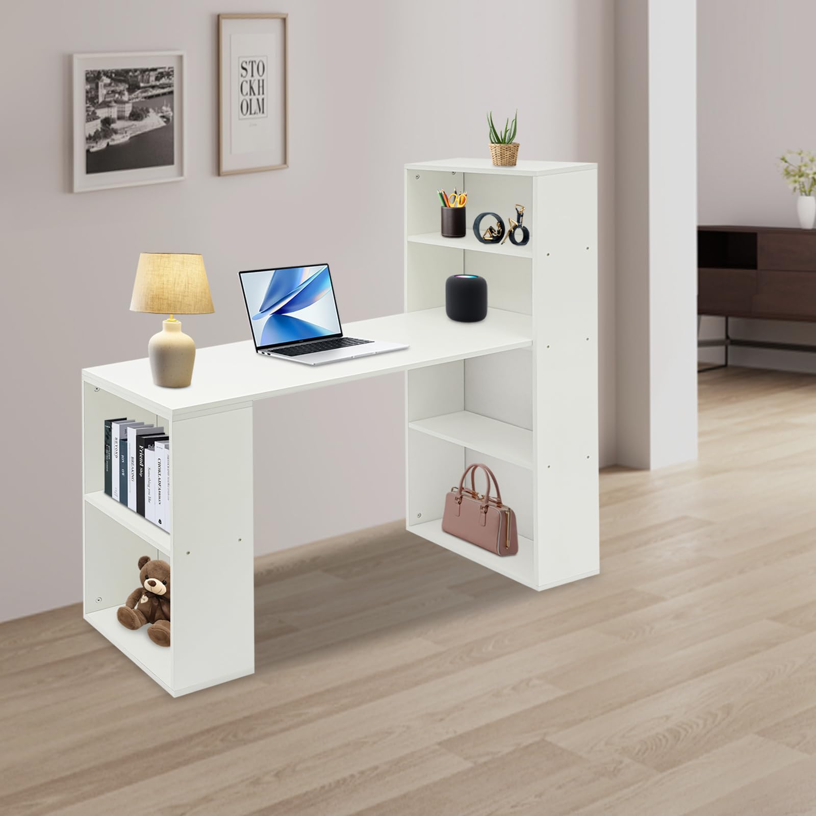 Scrivania con libreria e ripiano laterale, scrivania per computer, larghezza 120 cm, portata 10 kg per ripiano, postazione di lavoro stabile, per studio, camera da letto, dormitorio degli