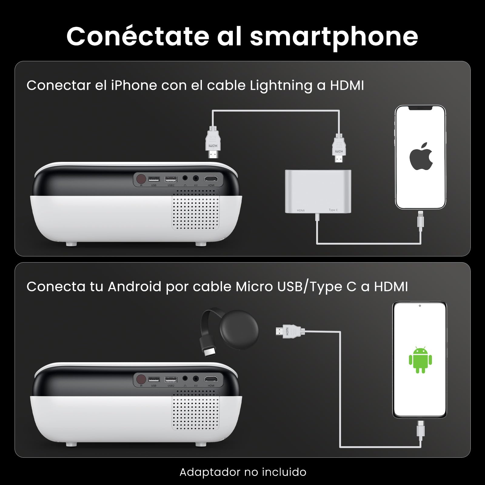 HAPPRUN H1 Proyectores Portátil 1080P Nativo,Proyector 4K,Bluetooth 5.1 para Exteriores Compatible con TV Stick, Smartphone, Laptop, HDMI, USB