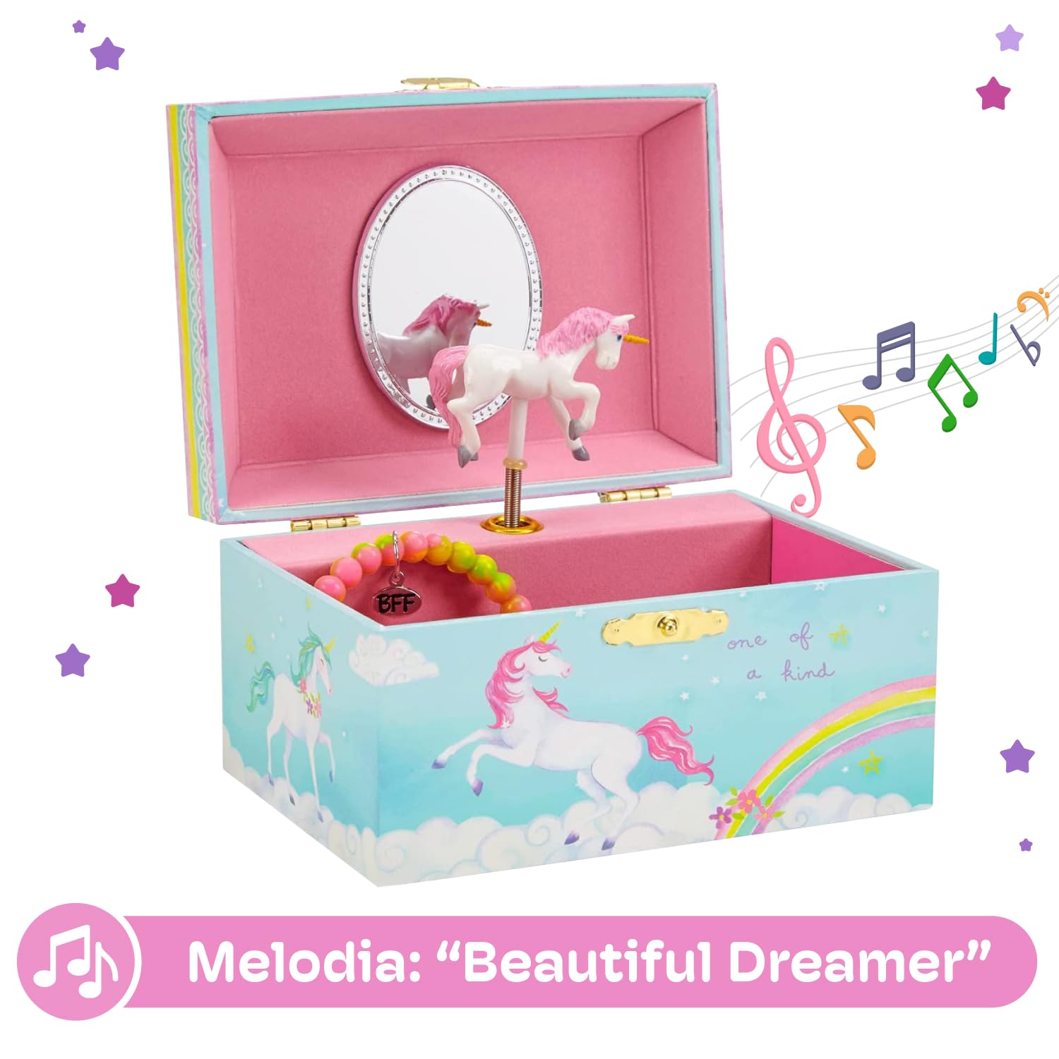 Jewelkeeper - Portagioie per Bambina con Unicorno Roteante, Arcobaleno e Carillon - Scatola Musicale con Accessori Unicorno Bambina per Conservare Gioielli - Melodia di Bel Sognatore