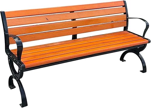 Patio Garden Bench,Outdoor Park Bench with Curved Backrest/Armrests,Cast Aluminum Iron Solid Wood,Sturdy/Weather Proof 180cm