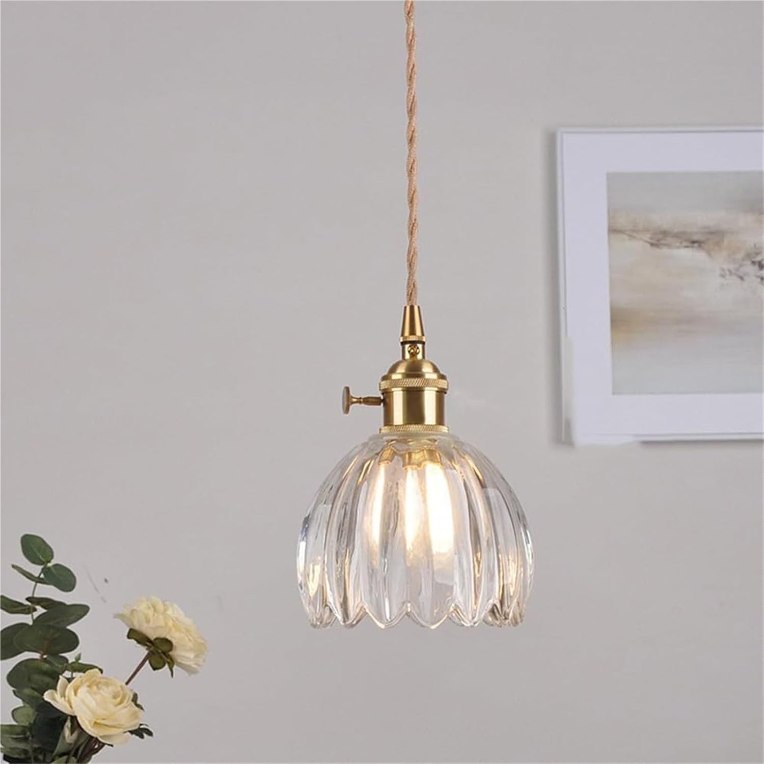 Tulips Glass Light,D Flower Kitchen Island-Lights Fixture with Rotary Switch, 1-Light Modern Nordic Brass Socket Long Hanging Ceiling Lamp Adjustable(Smoky Gray Color)/Tea Color