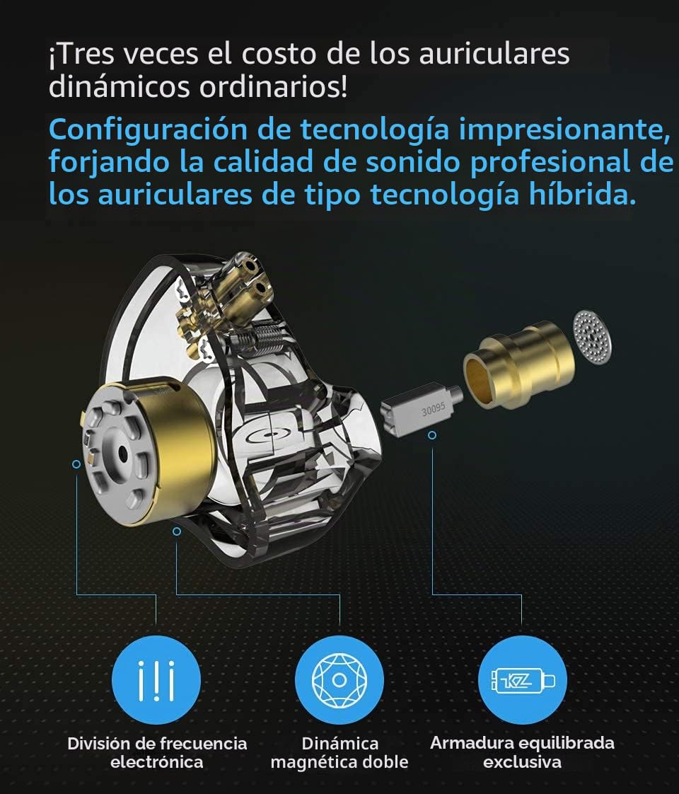 KZ ZSN Pro 1BA 1DD - Auriculares intraurales de Doble Controlador, HiFi de Graves potentes y Alta claridad con Cable Desmontable para músico audiófilo