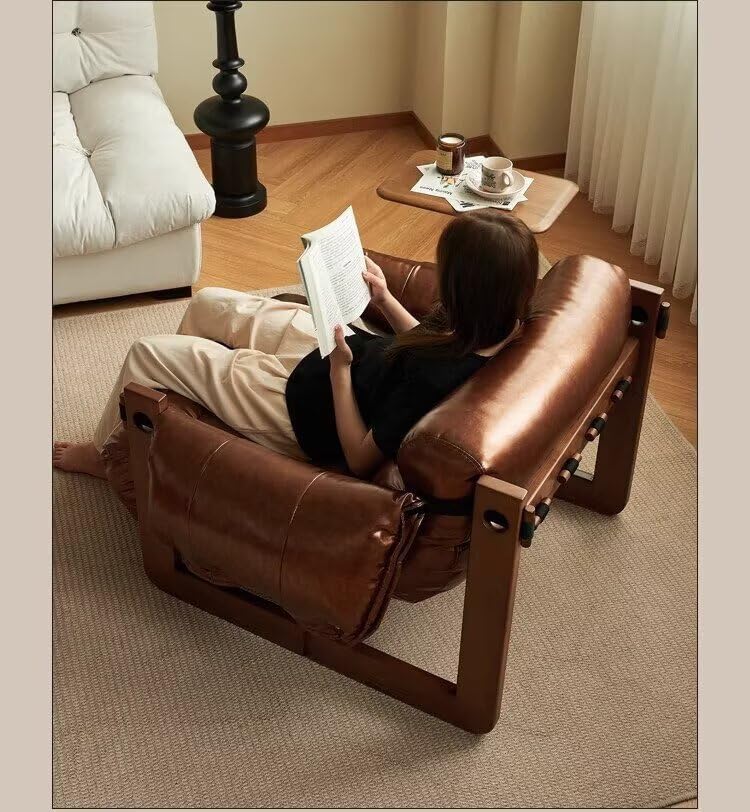 シングルソファ レイジーソファ 1人掛 高反発スポン 天然無垢材フレーム 肘付き レトロソファ オイルワックスレザーチェア 取り外し