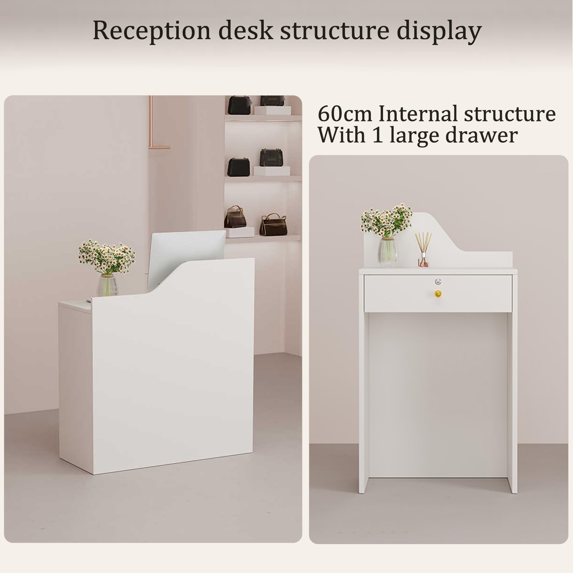 Bancone Reception,Banco Cassa per Negozio Ufficio,Tavolo Bancone con Cassetto,Bancone Espositivo,Semplice Moderno Tavolo Bar MDF,per Sale aziendali,Pasticcerie,Frutterie,Hotel(Cream,60x40x95cm)