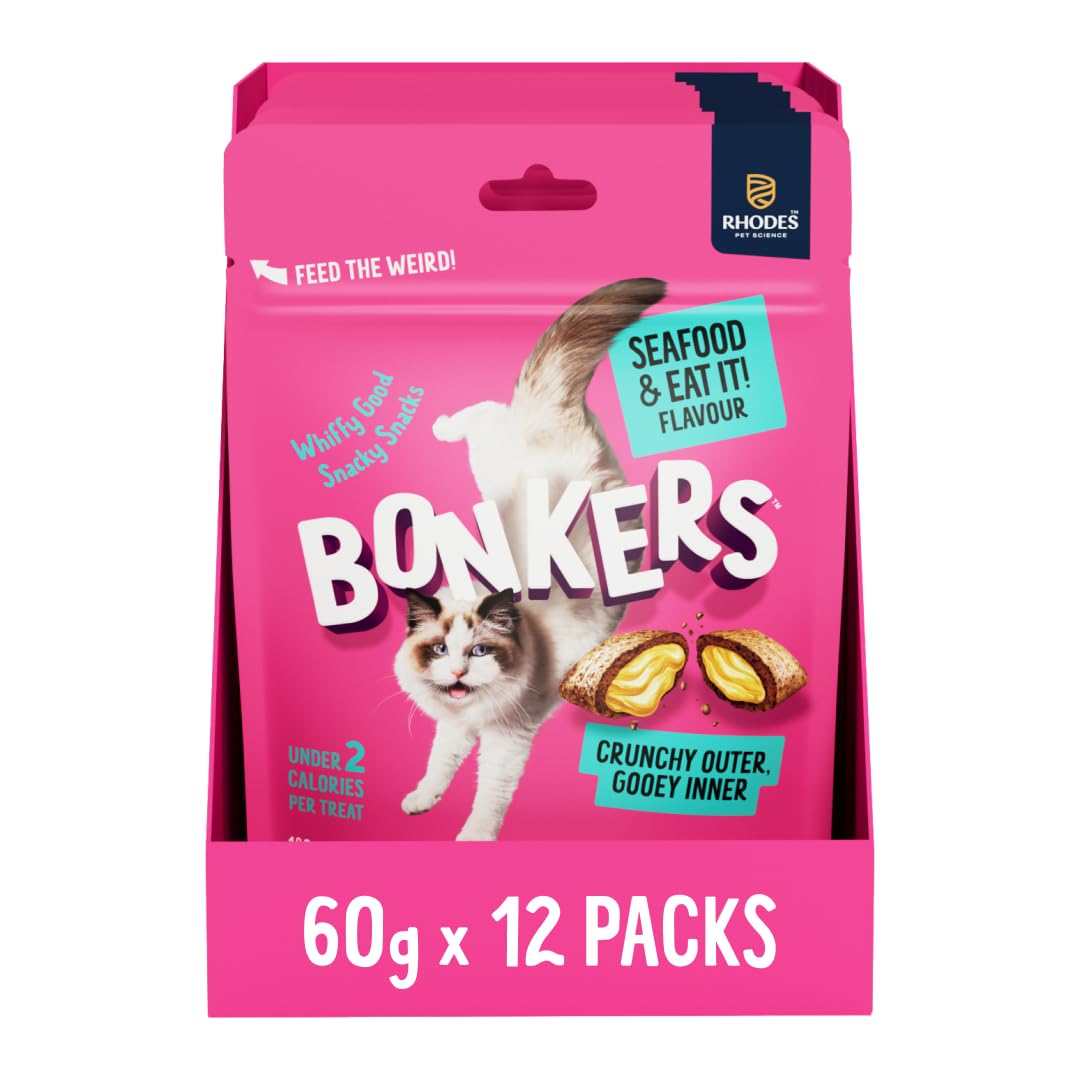 BONKERS Cat Bites 12 x 60 g, Crunchy & Soft Seafood Eat It! Flavoured Pet Treats