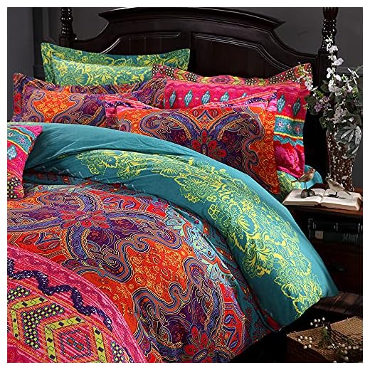 FADFAY Exotic Boho Duvet Cover Set King/California King 100% Brushed Cotton Soft Bohemian Bedding Red Teal Mandala Printed Bedding Reversible Striped Zipper Bed Comforter Cover + 2 Pillowshams