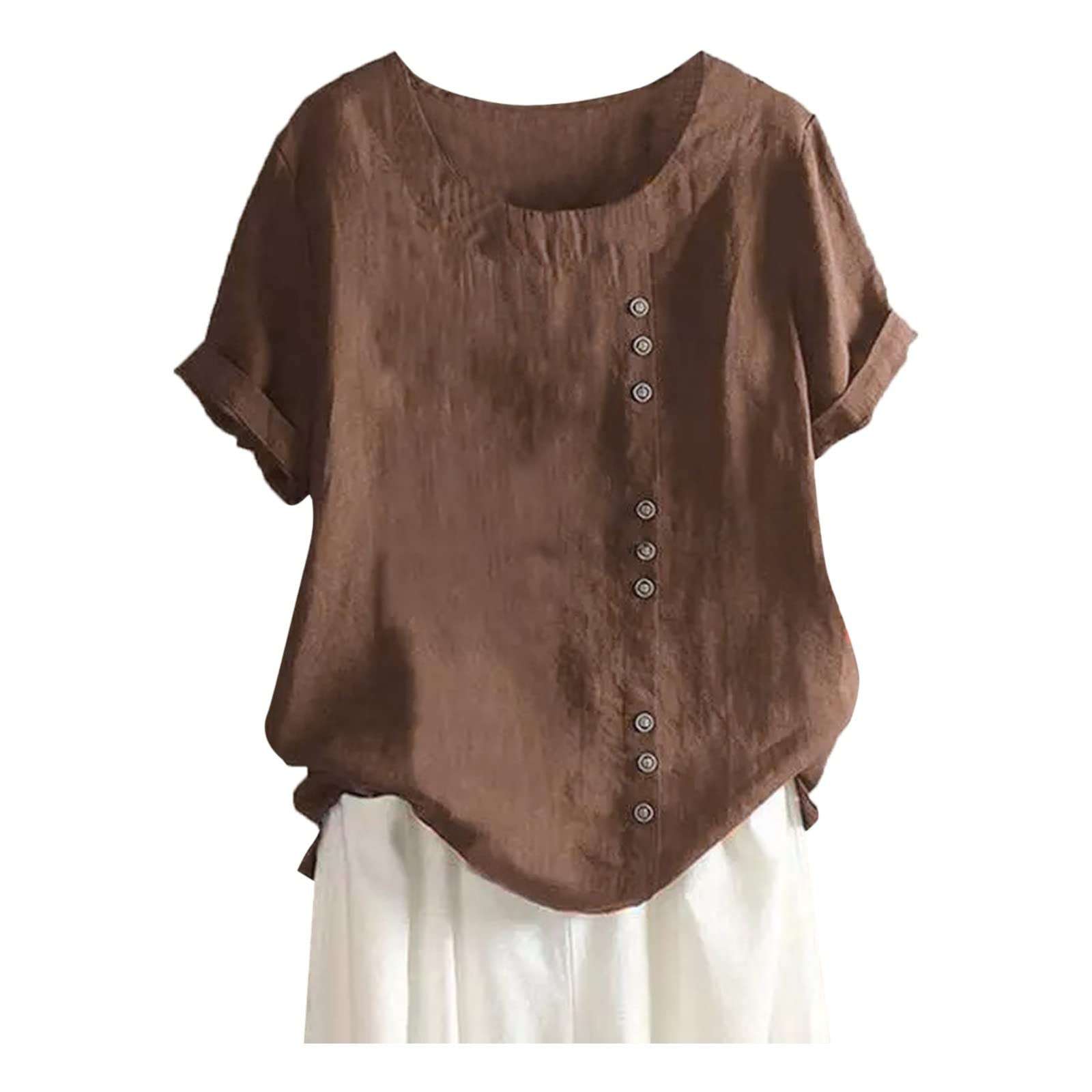 OBiQuzz Blusa de lino para mujer, blusa elegante para mujer, manga corta, de algodón, monocolor, blusas de lino, camisas de verano, túnica con flores, camiseta básica, túnica, camiseta larga