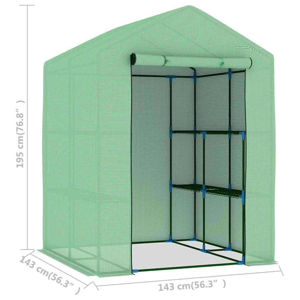Gewächshaus mit Ablagen Stahl 143x143x195 cm für Hobby-Gartenbau, Pflanzenpflege, Gemüse, Kräuter, Blumen, Überwinterung, Balkon, Terrasse, mit Tür, Regalböden, robustem Stahlrahmen