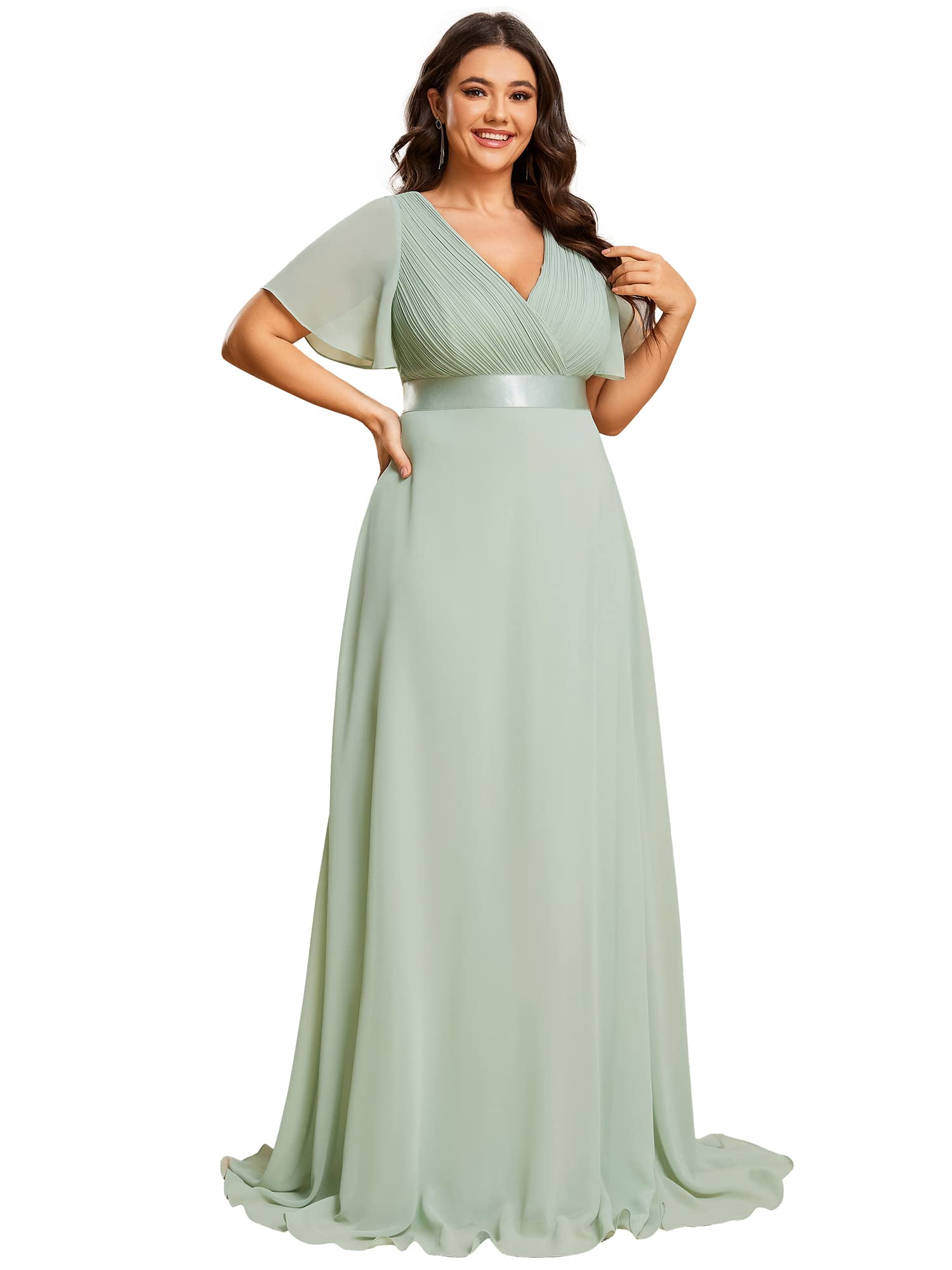 Ever-Pretty Plus Damen Abendkleid Chiffon A-Linie Lange Große Größe Festliches Kleid V Ausschnitt Kurze Ärmel Hohe Taille Minzgrün 40