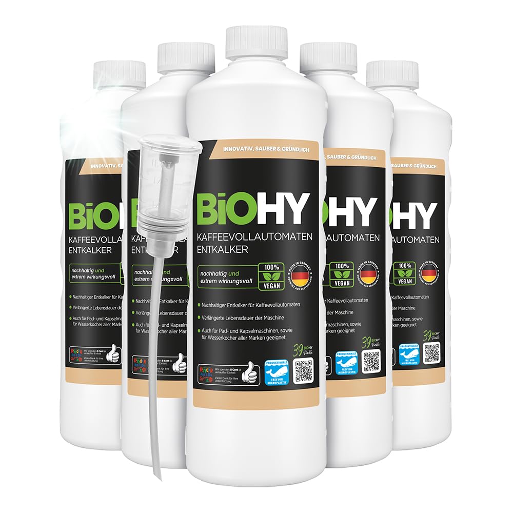 BiOHY Descalcificador de cafetera (6 botellas de 1 litro) + Dosificador | Ideal para descalcificar todas las cafeteras y máquinas de espresso | Apto para todas las marcas conocidas (Kaffee Entkalker)
