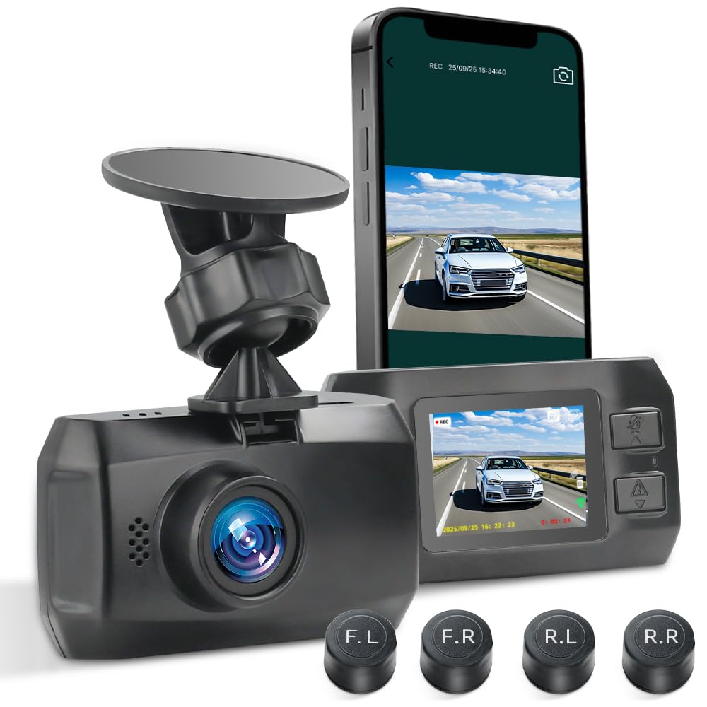 VSYSTO 2K Cámara de salpicadero para Coche con 4 sensores de presión de neumáticos, WiFi Mini cámara de salpicadero para Coches con Pantalla de 1,5 Pulgadas, Sensor G, grabación en Bucle (M1C)