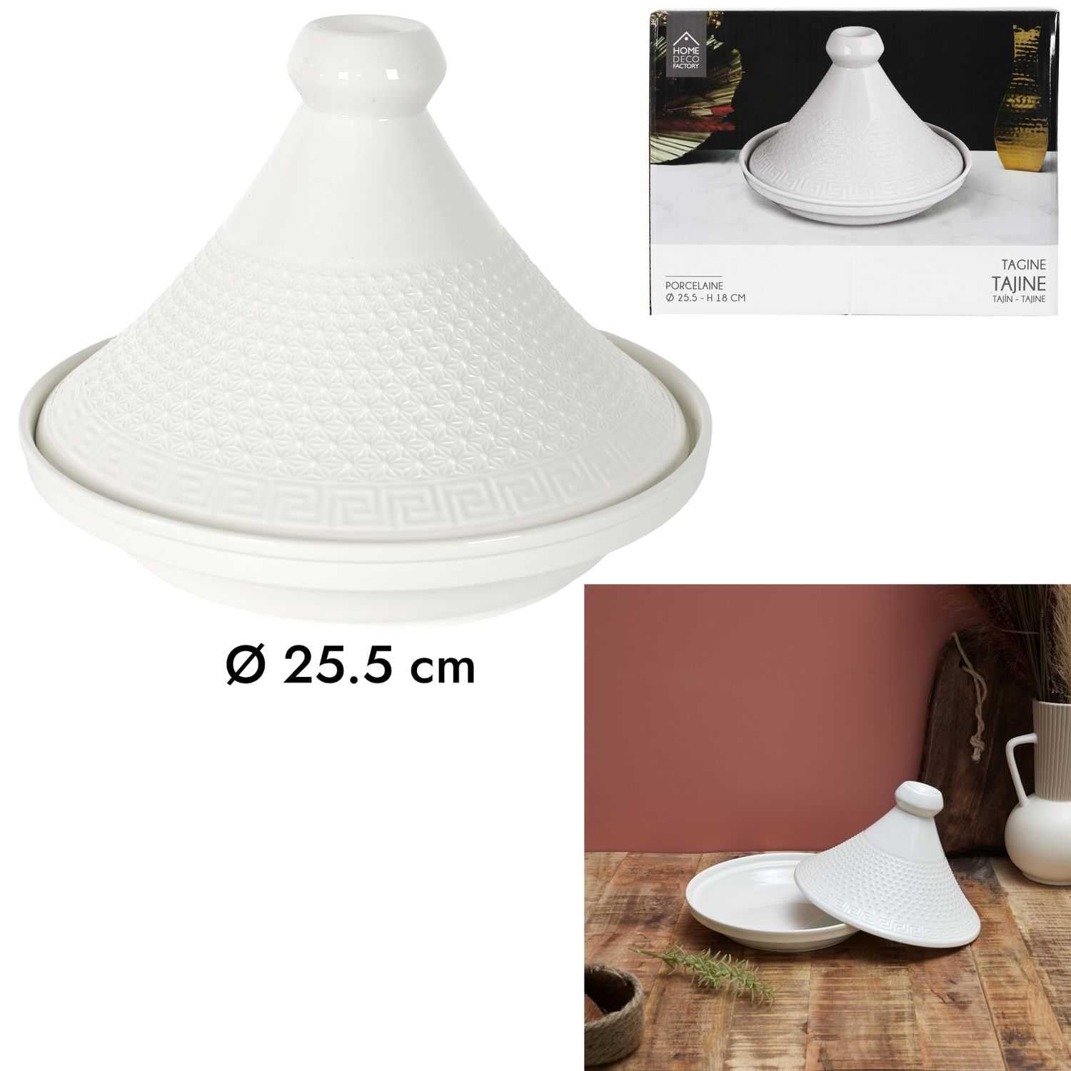 Home Deco Factory, KA0280, Tagine da Presentazione in Ceramica 25,5 cm - Elegante Utensile da Cucina e Accessorio da Servizio, Ideale per Carni e Verdure, Bianco
