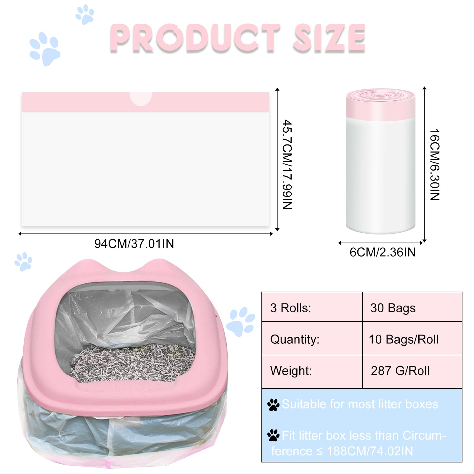 3 Rotolo Sacchetti Lettiera Gatto, 30 Pz Sacchetti per Lettiera per Gatti con Coulisse, Sacchetti per Lettiera Gatto Antistrappo, Sacchetti per Escrementi per Gatti Durevoli e Impermeabili (Rosa)