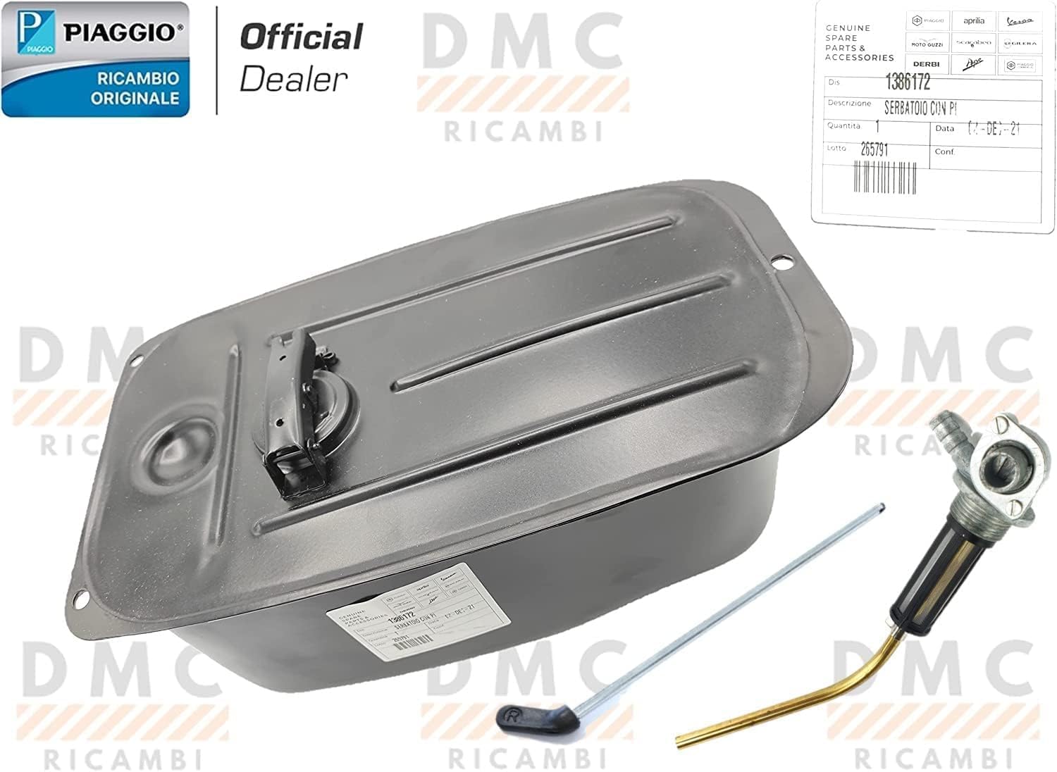 KIT SERBATOIO TANGA BENZINA CARBURANTE PER PIAGGIO VESPA 50 SPECIAL - VESPA 50 L - R - N - VESPA 125 - VESPA ET3 125 PRIMAVERA COMPLETO DI RUBINETTO E ASTA ORIGINALE.