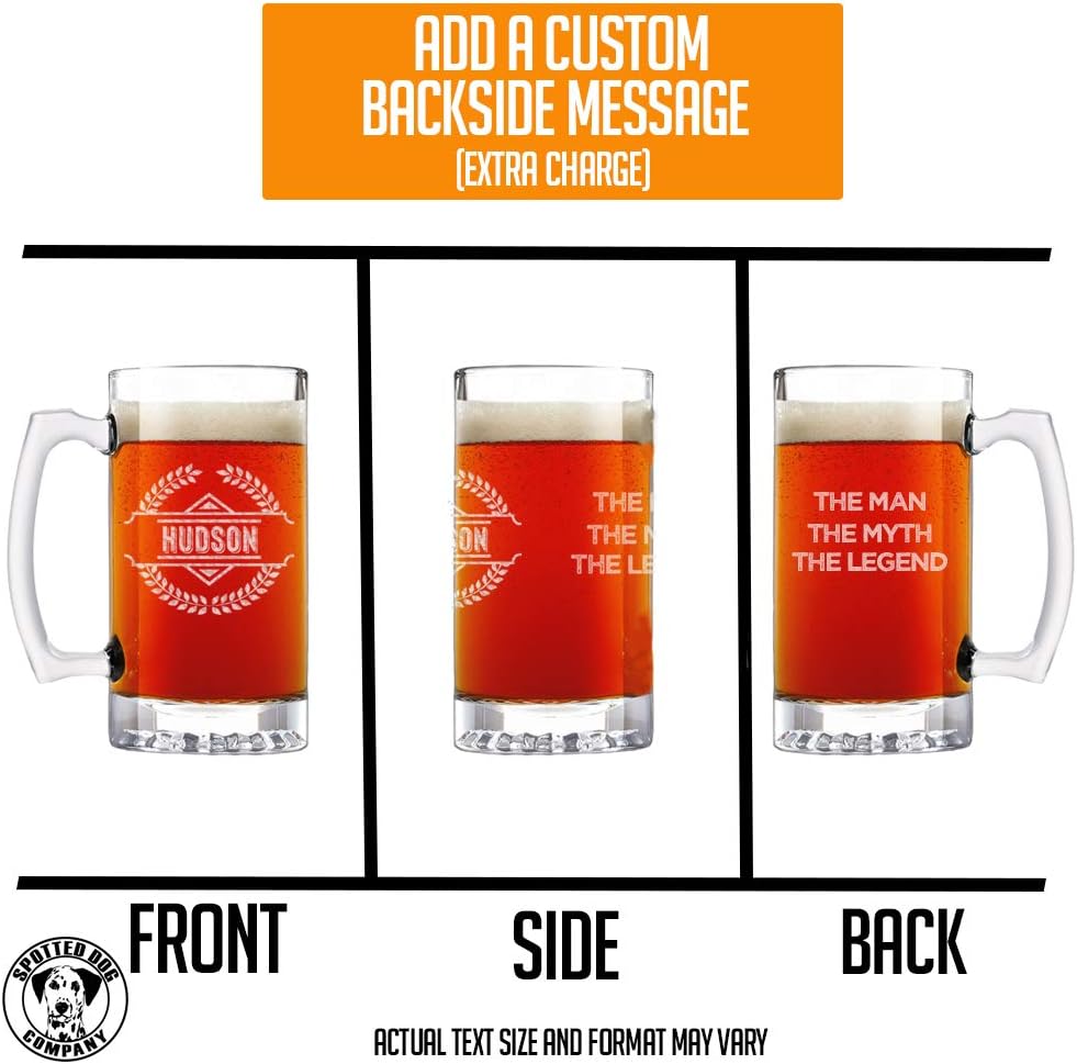 Spotted Dog Company Personalized Etched 25oz Glass Beer Mug, Hudson, Customized, Custom Beer Gifts for Men, Engraved Beer Mugs, Father's Day