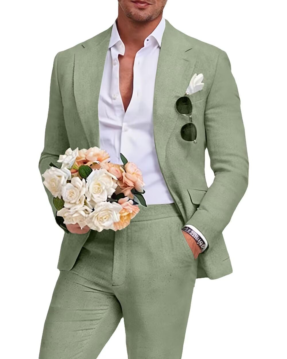 Aowdoy light green slim-fit 2-piece linen suit with blazer and pants
