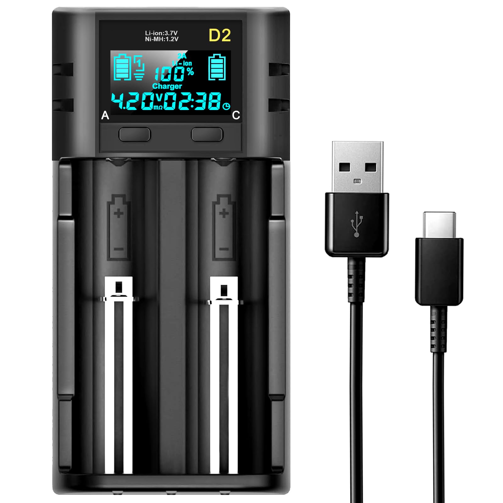 Swanlake 18650 Battery Charger,2 Bay Intellicharge LCD Display Charger for Rechargeable Batteries Li-ion NI-MH NI-Cd AA AAA C 21700 26650 18650 18350 18700 13650 16340 RCR123-image-43