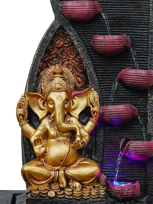 Image of Golden Brown Polyresin Tabletop Ganesha 6 Step Indoor Water Fountain for Home Decor with LED, Speed Control Pump (Size: 37 x 28 x 58 CM | Weight: 3000Gram)