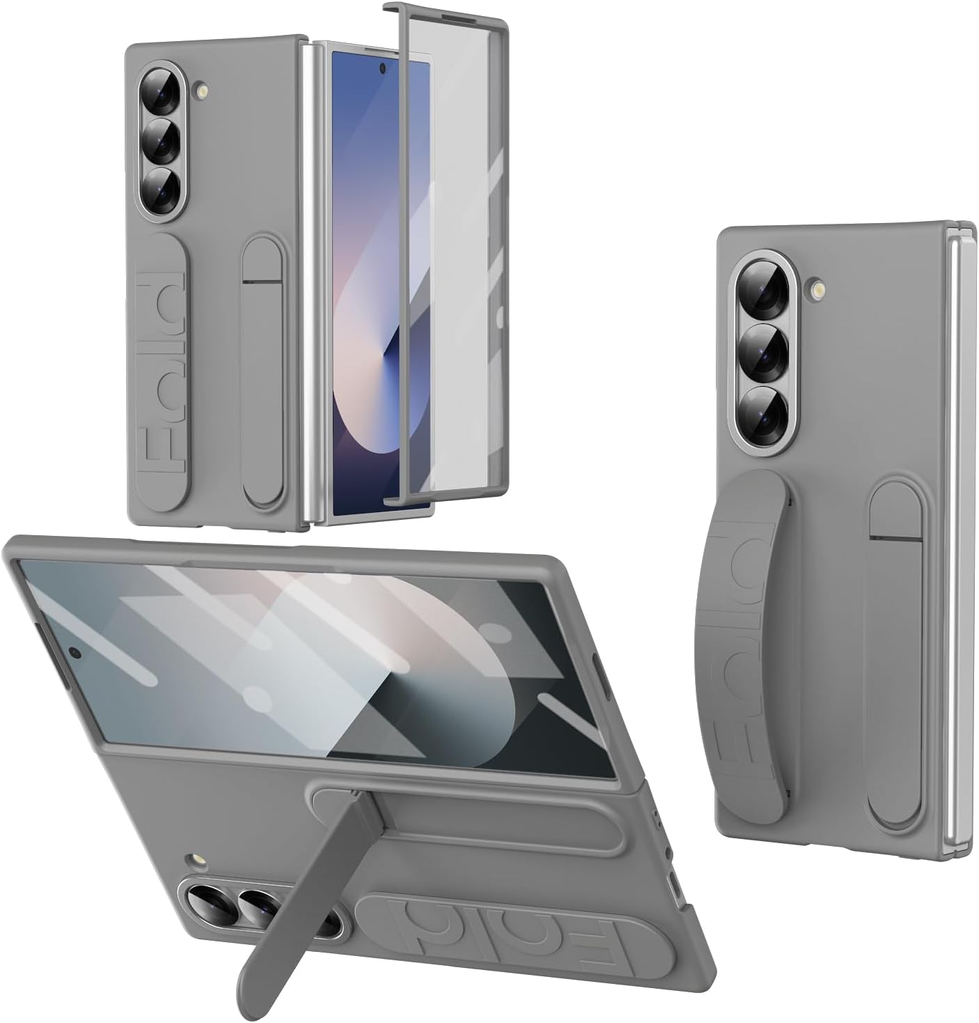 for Samsung Galaxy Z Fold 6 Protect Case with WristBand Stand,Bulit-in Screen & Lens Protection Shockproof Full Body Drop Fall Protection.(Grey)