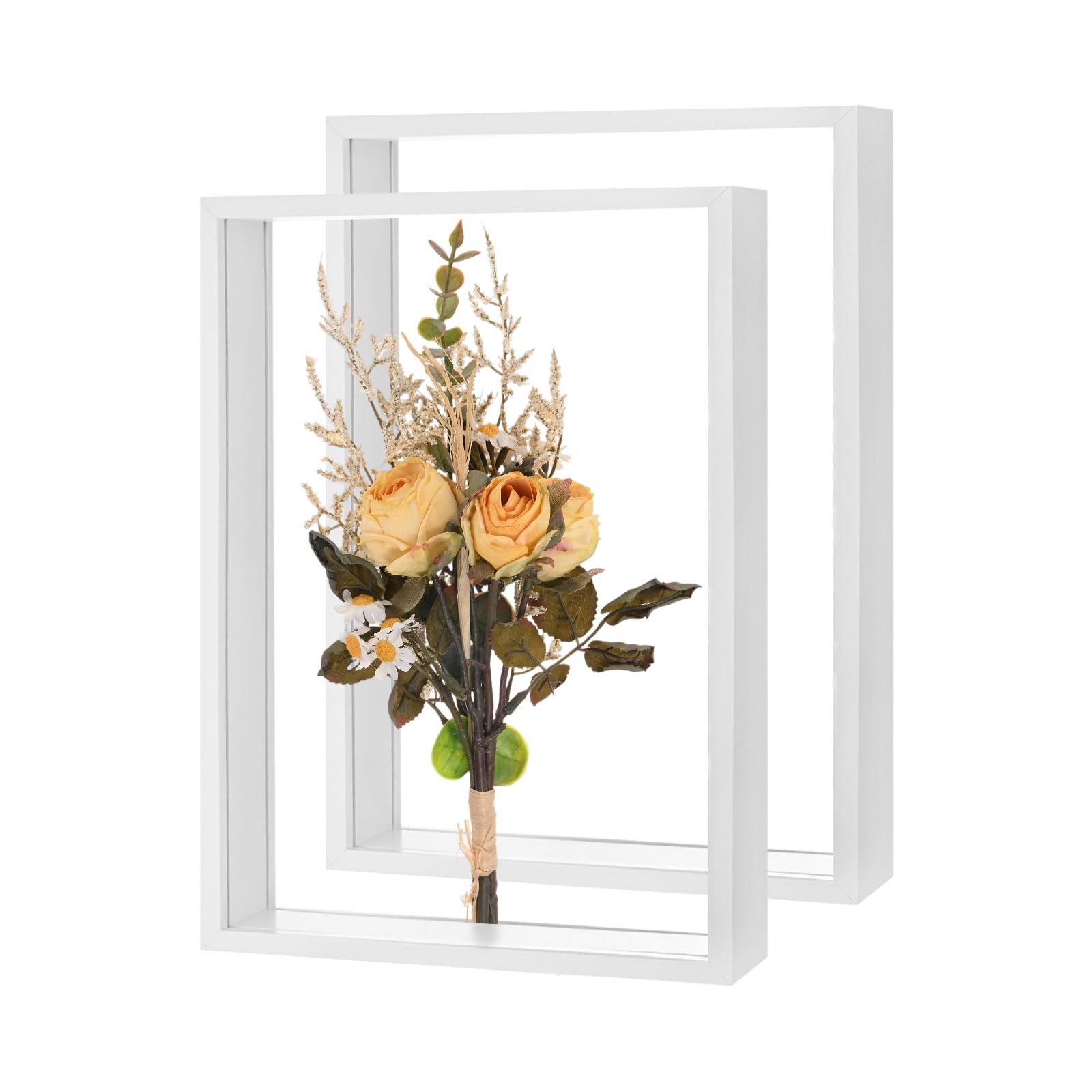 M METERXITY 2-Pack Dried Flower Frame, 8 x 12 Inch Double Acrylic Wooden Dried Flower Photo Floating Frame for Tabletop/DIY/Handicrafts [White]