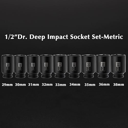 Miniatura 2 de EMENTOL Juego de dados de impacto de tuerca de eje de eje de 6 puntos, 9 unidades, 1/2 pulgadas, CR-MO, métrico, juego de dados de impacto profundo