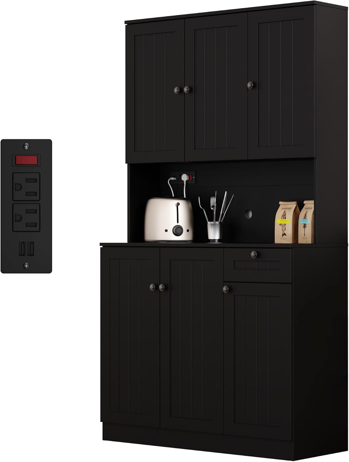 71" Pantry Cabinet with Charging Station, Tall Kitchen Pantry Storage Cabinet with Microwave Stand, Farmhouse Kitchen Hutch with Storage Drawer for Living Room, Dining Room, Black