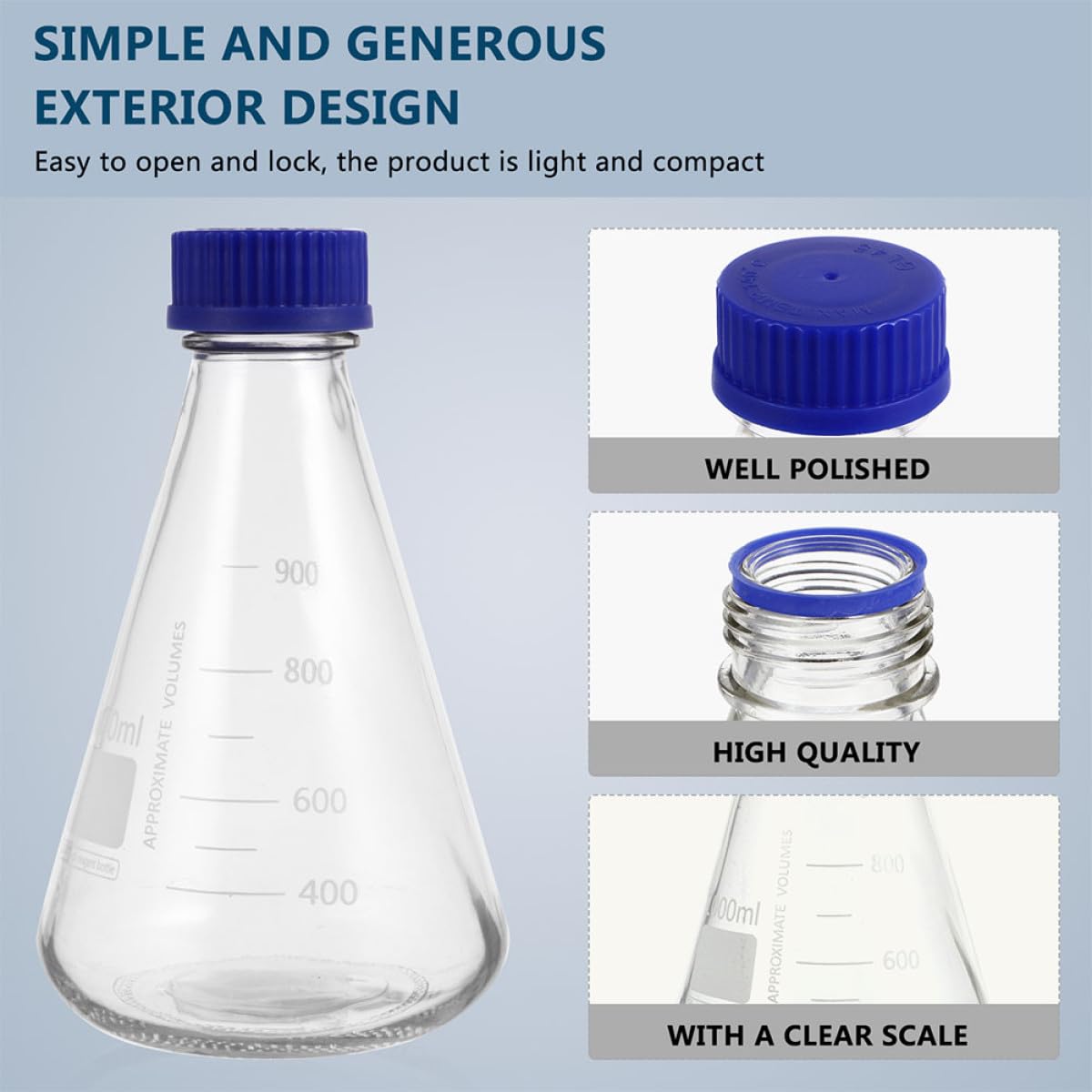 BETOOKY 2 Bottiglie Beuta Conica da Laboratorio 1000ml in Vetro Tappo Blu e Scala Graduata, Fiasche per Esperimenti Chimici per Uso Professionale e Scolastico, Strumenti Scientifici