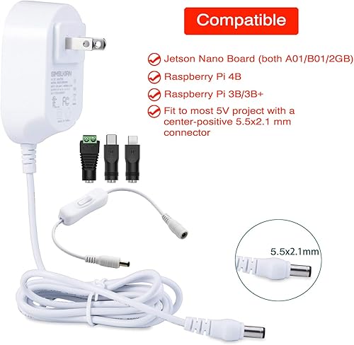 Miniatura 2 de Makeronics Adaptador convertidor de CA 100V-240V DC 5V 4A Fuente de alimentación Enchufe de EE. UU. Adaptador de corriente de 0.217 in x 0.083 in