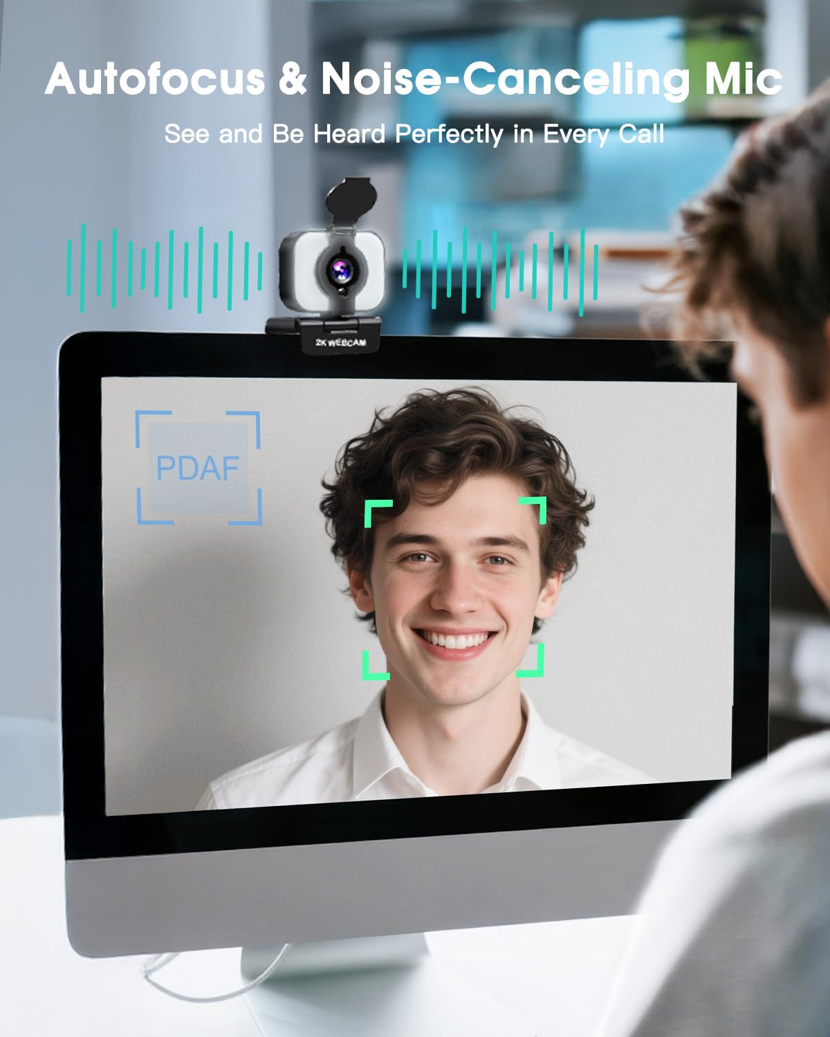 MELCAM Webcam 2K per PC, webcam con microfono, luce, copertura privacy, messa a fuoco automatica Plug and Play, fotocamera USB per computer portatile, desktop, PC, Mac, Zoom, Skype, riunioni
