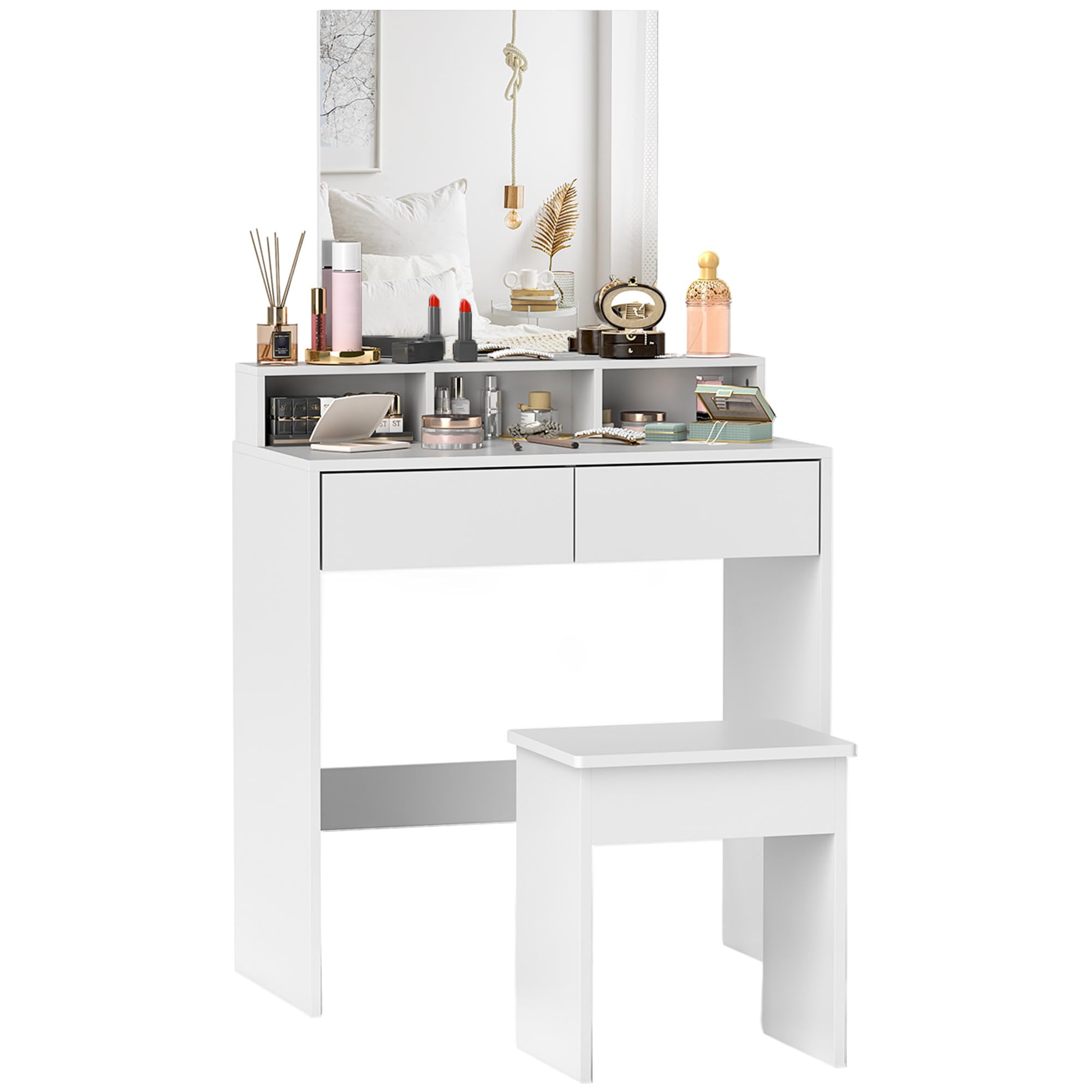 HOMCOM Postazione Trucco con Sgabello, Tavolo da Trucco con Specchio, 3 Ripiani, 2 Cassetti, Toeletta Trucco Moderno in Legno per Camera da Letto, 75x38x135 cm, Bianco