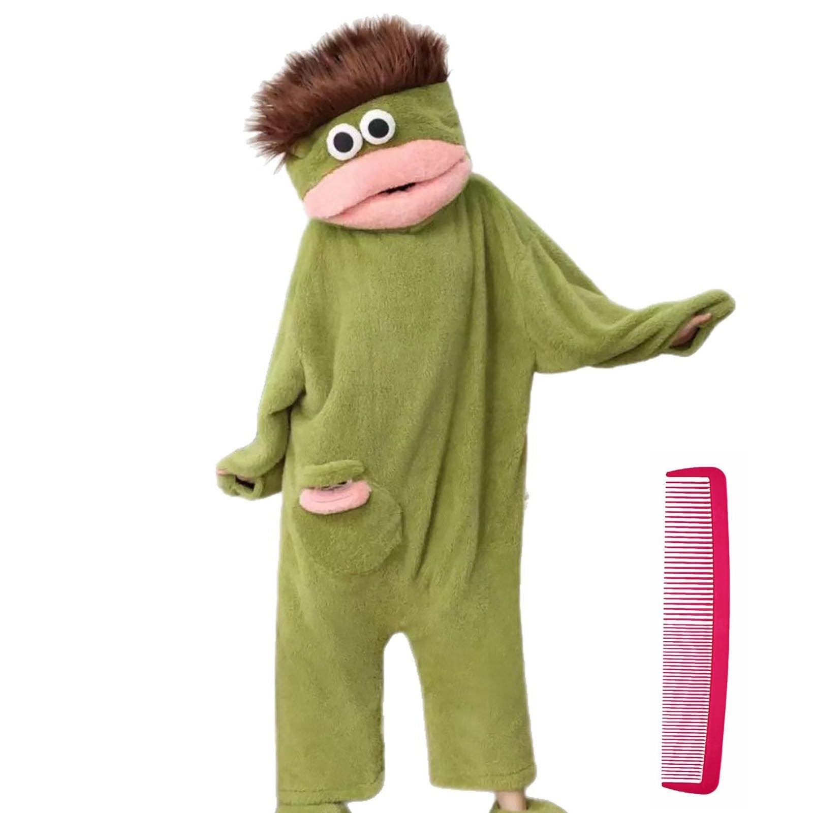Funny Monster Onesie Silly Big Mouth Onesie Halloween Costumes Soft Cozy Fancy Dress Outfit Hooded One-Piece Pajamas Long Sleeves Loungewear for Adults (02-3-Green, M)