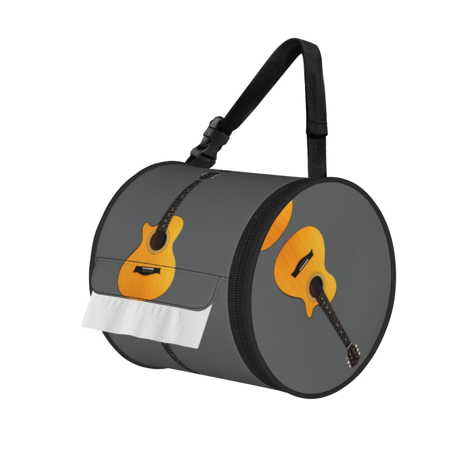 Guitar Print Round Tissue Dispenser Bag With Carry Strap, Portable Roll Holder For Car Travel Home