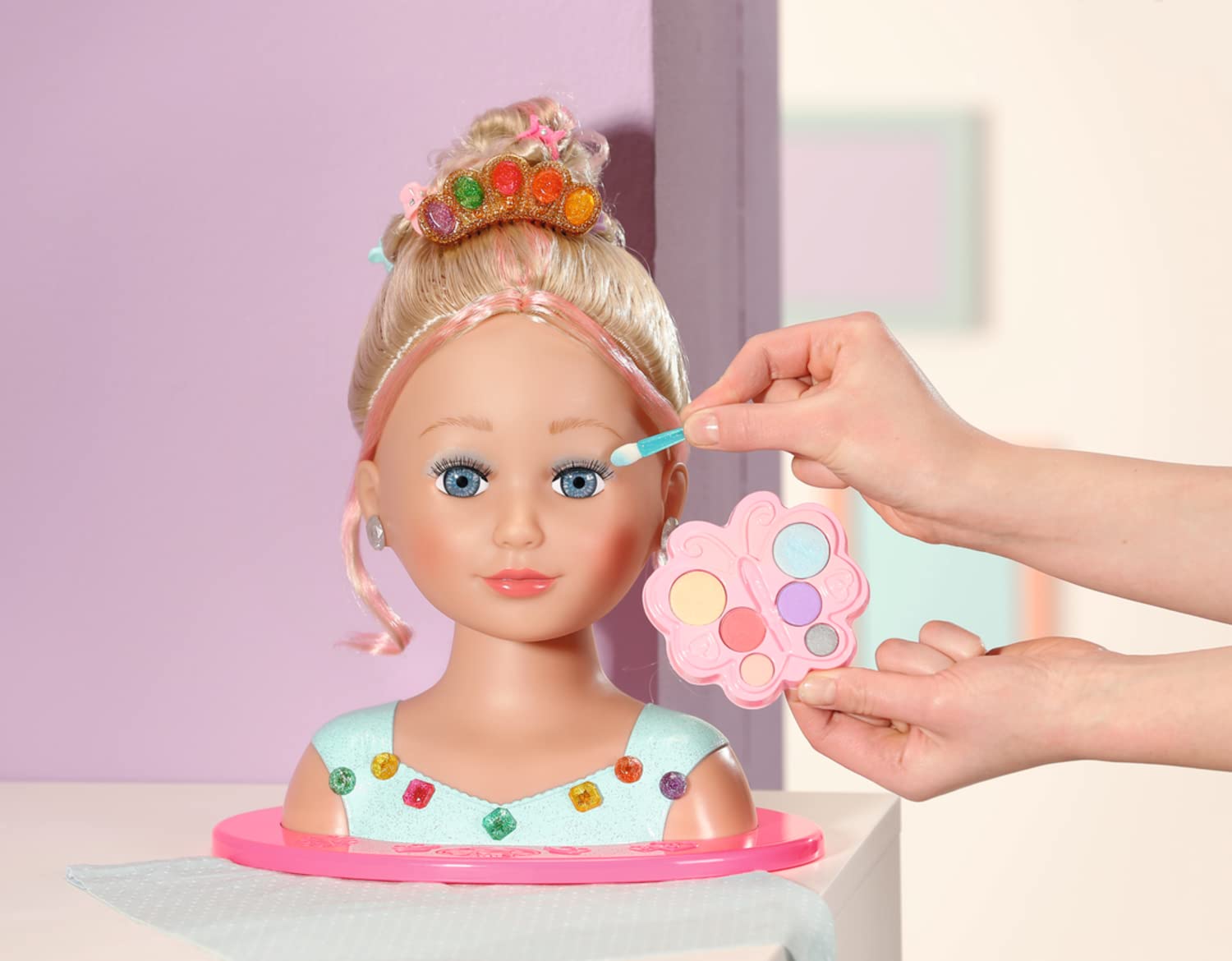 BABY Born Styling Head Głowa do Makijażu dla Dzieci z Długimi Blond Włosami, Paleta, Szczotka i Akcesoria