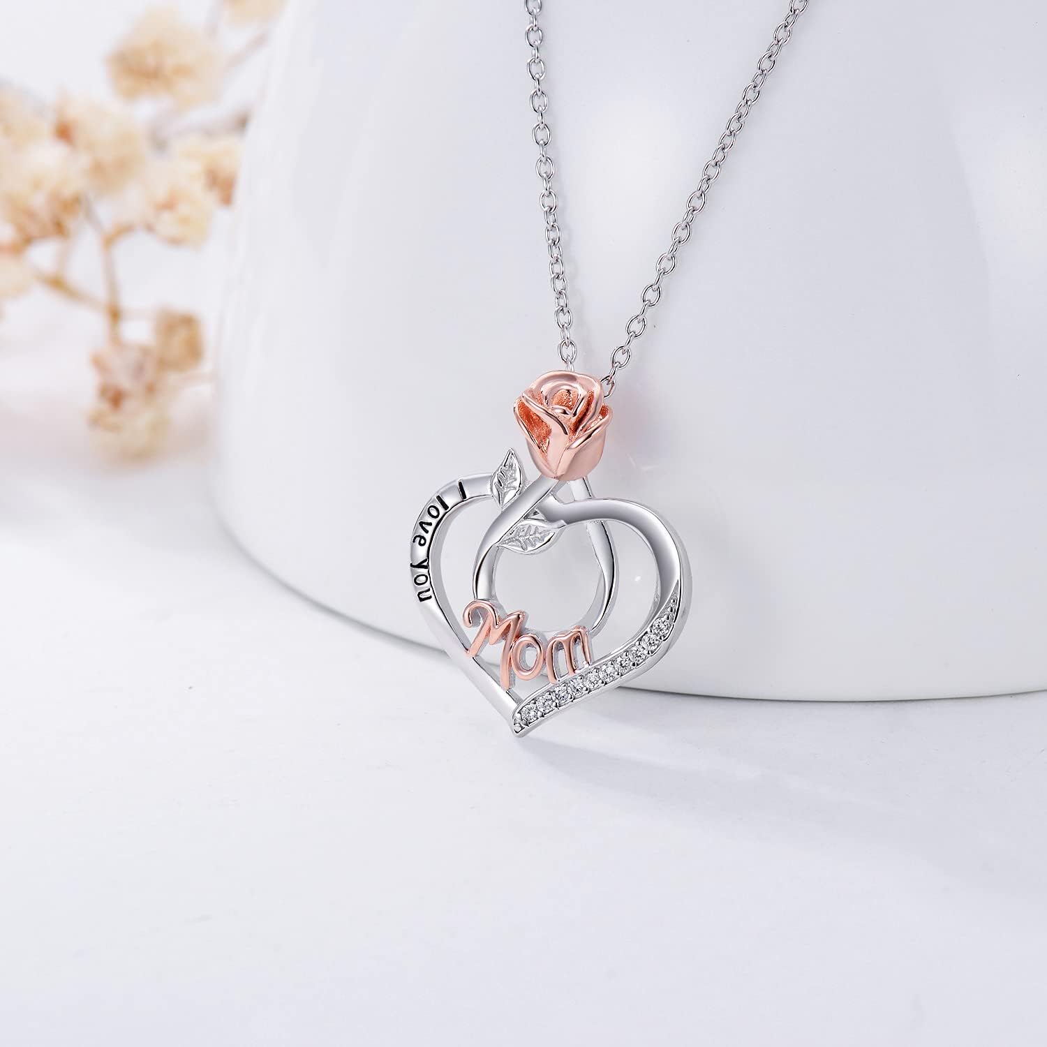 POPKIMI Gifts for Mom Grandma Nana 925 Sterling Silver I Love You Necklace Rose Flower Love Heart with Crystal Jewelry for Women - Image 4