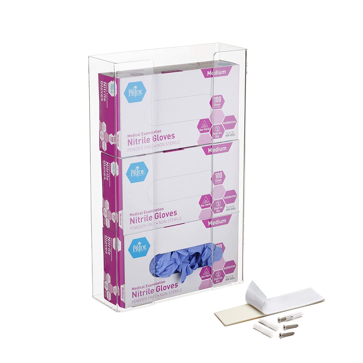 AdirMed Glove Holder For Wall Mount - Heavy Duty Glove Holder - Sturdy Glove Dispenser Used As Medical Rubber Gloves, Tissue Dispenser - Triple Box Capacity (Clear)